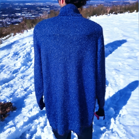 3/$40 Sale! H&M Metallic Oversized Sparkly Royal Blue Long Turtleneck Sweater - Picture 2 of 8